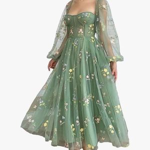 Women's Puffy Sleeve Whimsical Dresses Flower Embroidery dress